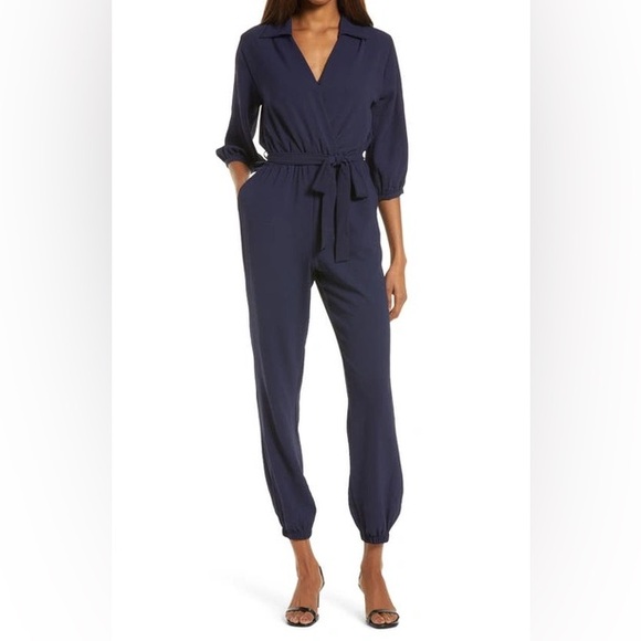 Fraiche by J Pants - Fraiche by J Tie Waist Long Sleeve Jumpsuit in Navy